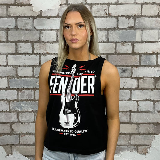 Fender Worldwide Electrified  Slash neck tank top made from an upcycled graphic band tshirt, punk rock style street wear, athleisure wear, unwantees is a sustainable fashion brand, we take unwanted graphic tshirts otherwise destined for landfill and recycle clothing into vest tops for sports wear or leisure.  Refashioned band merch, Slash Neck Sleeveless Top