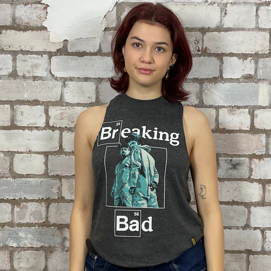 Breaking Bad Tshirt Upcycled by Unwantees, Graphic print on Tshirt jersey fabric, Festival Style Unwantee made from upcycled and deconstructed graphic tshirt, athleisure wear, unwantees is a sustainable fashion brand, we take unwanted graphic tshirts otherwise destined for landfill and recycle clothing into vest tops for sports wear or leisure.  Refashioned band merch, Slash Neck Sleeveless Top
