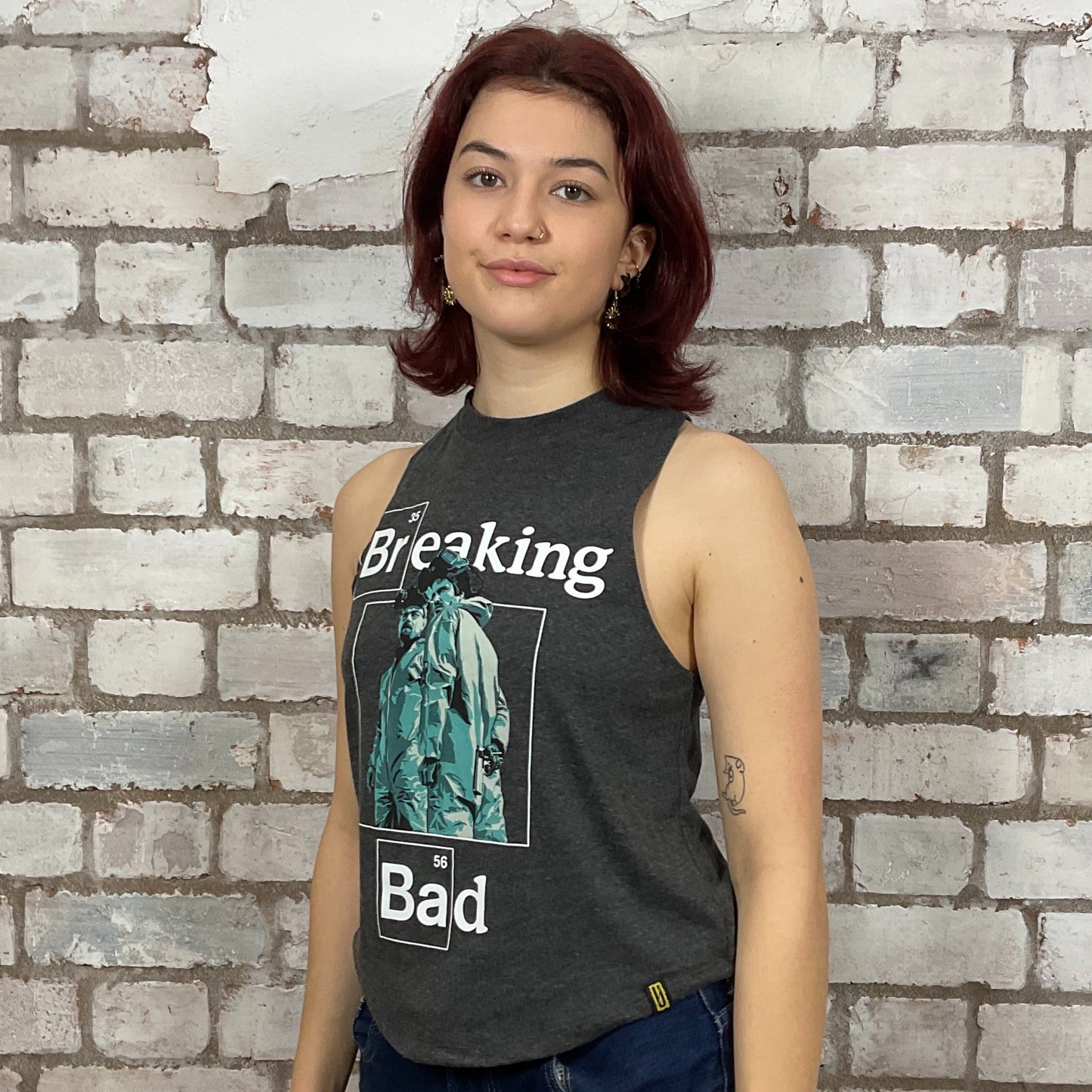 Breaking Bad Tshirt Upcycled by Unwantees, Graphic cult TV Show print on Tshirt jersey fabric, Festival Style Unwantee made from upcycled and deconstructed graphic tshirt, athleisure wear, unwantees is a sustainable fashion brand, we take unwanted graphic tshirts otherwise destined for landfill and recycle clothing into vest tops for sports wear or leisure.  Refashioned band merch, Slash Neck Sleeveless Top