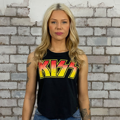 KISS Racerback tank top made from an upcycled graphic band tshirt, punk rock style street wear, athleisure wear, unwantees is a sustainable fashion brand, we take unwanted graphic tshirts otherwise destined for landfill and recycle clothing into vest tops for sports wear or leisure.  Refashioned band merch, racerback Sleeveless Top