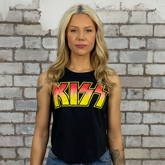 KISS Racerback tank top made from an upcycled graphic band tshirt, punk rock style street wear, athleisure wear, unwantees is a sustainable fashion brand, we take unwanted graphic tshirts otherwise destined for landfill and recycle clothing into vest tops for sports wear or leisure.  Refashioned band merch, racerback Sleeveless Top