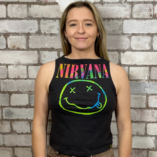 Nirvana band Tshirt Upcycled by Unwantees, Graphic print Acid Face on Grey Tshirt jersey fabric, Festival Style Unwantee made from upcycled and deconstructed graphic tshirt, athleisure wear, unwantees is a sustainable fashion brand, we take unwanted graphic tshirts otherwise destined for landfill and recycle clothing into vest tops for sports wear or leisure.  Refashioned band merch, Slash Neck Sleeveless Top