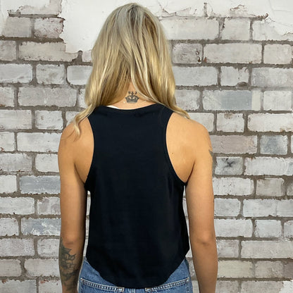 Racerback rock and roll tank top made from an upcycled graphic band tshirt, KISS punk rock style street wear, athleisure wear, unwantees is a sustainable fashion brand, we take unwanted graphic tshirts otherwise destined for landfill and recycle clothing into vest tops for sports wear or leisure.  Refashioned band merch, racerback Sleeveless Top