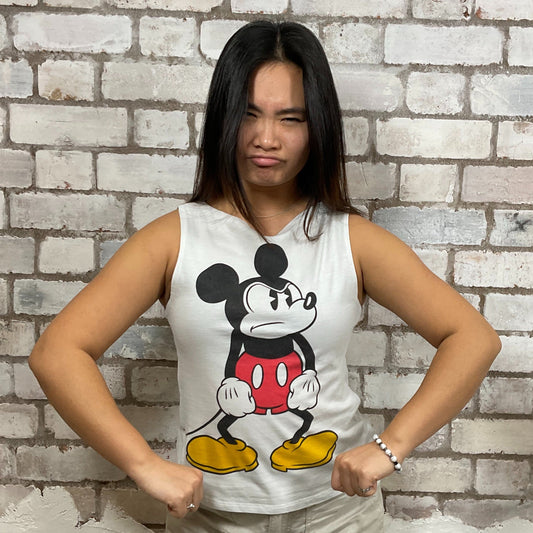 Grumpy Mickey Mouse Tshirt Upcycled by Unwantees, Graphic print on white Tshirt jersey fabric, Festival Style Unwantee made from upcycled and deconstructed graphic tshirt, athleisure wear, unwantees is a sustainable fashion brand, we take unwanted graphic tshirts otherwise destined for landfill and recycle clothing into vest tops for sports wear or leisure.  Refashioned band merch, Slash Neck Sleeveless Top