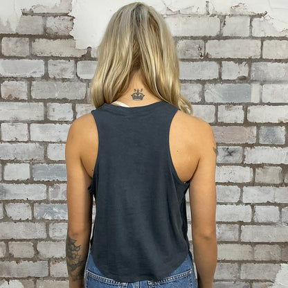 For Those About to Rock, ACDC Racerback tank top made from an upcycled graphic band tshirt, punk rock style street wear, athleisure wear, unwantees is a sustainable fashion brand, we take unwanted graphic tshirts otherwise destined for landfill and recycle clothing into vest tops for sports wear or leisure.  Refashioned band merch, racerback Sleeveless Top