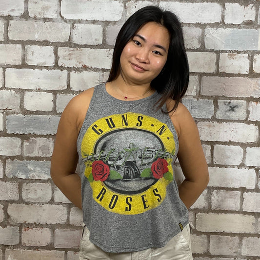 Classic GNR Motif Tshirt Upcycled by Unwantees, Guns’N’Roses Graphic print on grey marl Tshirt jersey fabric, Festival Style Unwantee made from upcycled and deconstructed graphic tshirt, athleisure wear, unwantees is a sustainable fashion brand, we take unwanted graphic tshirts otherwise destined for landfill and recycle clothing into vest tops for sports wear or leisure.  Refashioned band merch, Slash Neck Sleeveless Top