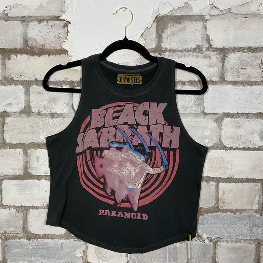 Black Sabbath Band merch graphics on black cotton Racerback Tank Top upcycled by Unwantees, sustainable fashion made in Great Britain from vintage graphic tshirt 