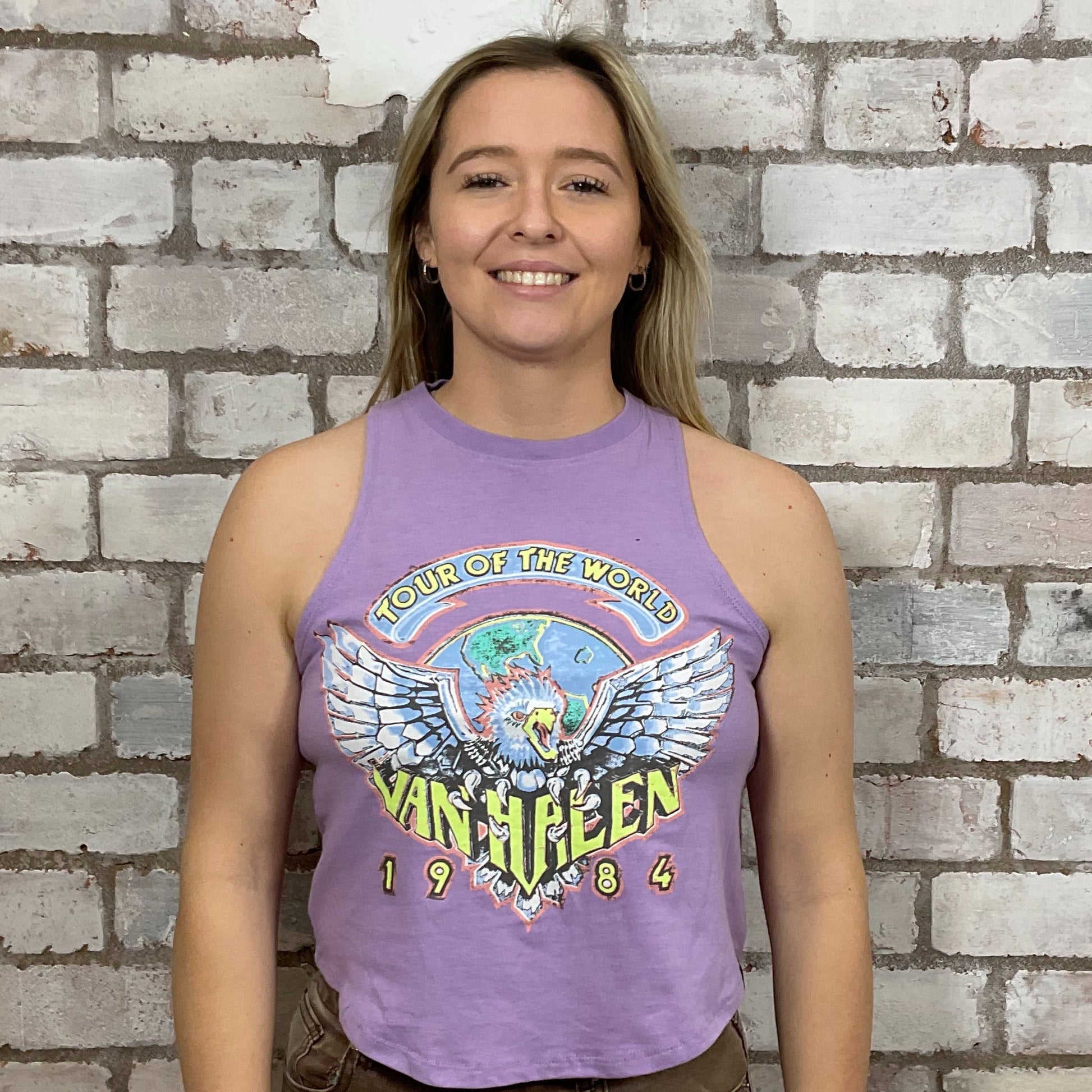 Van Halen 1984 Tour Tshirt Upcycled by Unwantees, Graphic print on lilac jersey fabric, Festival Style Unwantee made from upcycled and deconstructed graphic tshirt, athleisure wear, unwantees is a sustainable fashion brand, we take unwanted graphic tshirts otherwise destined for landfill and recycle clothing into vest tops for sports wear or leisure.  Refashioned band merch, Slash Neck Sleeveless Top