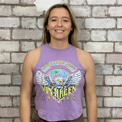 Van Halen 1984 Tour Tshirt Upcycled by Unwantees, Graphic print on lilac jersey fabric, Festival Style Unwantee made from upcycled and deconstructed graphic tshirt, athleisure wear, unwantees is a sustainable fashion brand, we take unwanted graphic tshirts otherwise destined for landfill and recycle clothing into vest tops for sports wear or leisure.  Refashioned band merch, Slash Neck Sleeveless Top