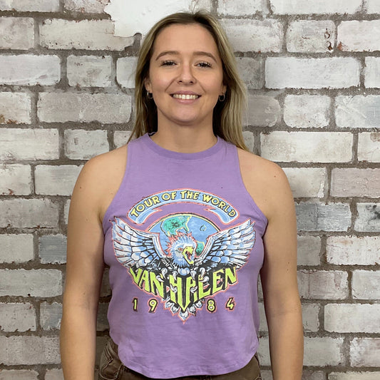 Van Halen 1984 Tour Tshirt Upcycled by Unwantees, Graphic print on lilac jersey fabric, Festival Style Unwantee made from upcycled and deconstructed graphic tshirt, athleisure wear, unwantees is a sustainable fashion brand, we take unwanted graphic tshirts otherwise destined for landfill and recycle clothing into vest tops for sports wear or leisure.  Refashioned band merch, Slash Neck Sleeveless Top