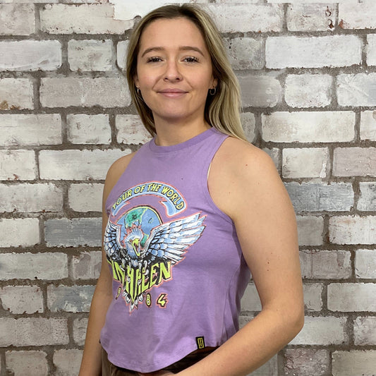 1984 Van Halen Tour Tshirt Upcycled by Unwantees, Graphic print on lilac jersey fabric, Festival Style Unwantee made from upcycled and deconstructed graphic tshirt, athleisure wear, unwantees is a sustainable fashion brand, we take unwanted graphic tshirts otherwise destined for landfill and recycle clothing into vest tops for sports wear or leisure.  Refashioned band merch, Slash Neck Sleeveless Top