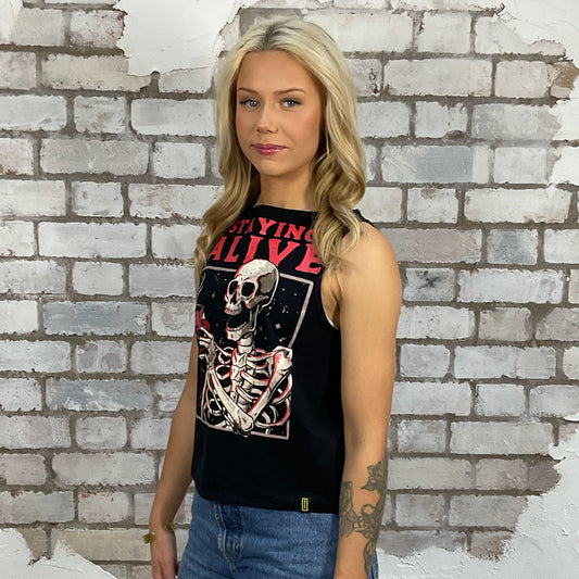 Coffee Lovers staying Alive Slash Neck tank top made from an upcycled graphic band tshirt, punk rock style street wear, athleisure wear, unwantees is a sustainable fashion brand, we take unwanted Y2K graphic tshirts otherwise destined for landfill and recycle clothing into vest tops for sports wear or leisure.  Refashioned band merch, Sleeveless Top