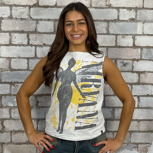 Nirvana In Utero White Slash Neck tank top made from an upcycled graphic band tshirt, punk rock style street wear, athleisure wear, unwantees is a sustainable fashion brand, we take unwanted Y2K graphic tshirts otherwise destined for landfill and recycle clothing into vest tops for sports wear or leisure.  Refashioned band merch, Sleeveless Top