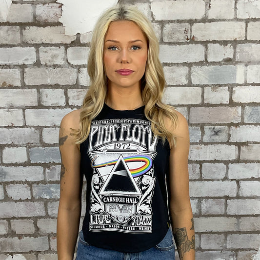 Pink Floyd Racerback tank top made from an upcycled graphic band tshirt, punk rock style street wear, athleisure wear, unwantees is a sustainable fashion brand, we take unwanted Y2K graphic tshirts otherwise destined for landfill and recycle clothing into vest tops for sports wear or leisure.  Refashioned band merch, Sleeveless Top