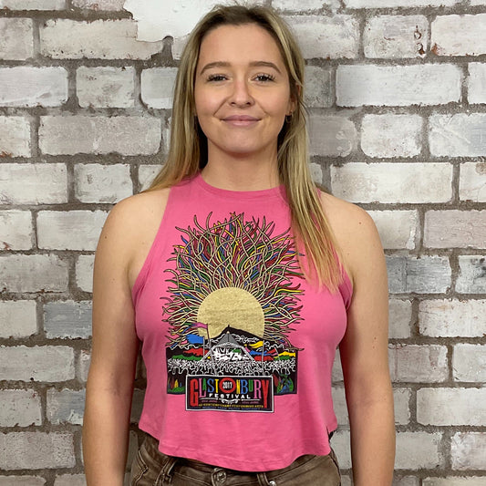 Glastonbury Festival 2017 official merch Graphic on pink Tshirt Upcycled by Unwantees, colourful Graphics on jersey fabric, Festival Style Unwantee made from upcycled and deconstructed graphic tshirt, athleisure wear, unwantees is a sustainable fashion brand, we take unwanted graphic tshirts otherwise destined for landfill and recycle clothing into vest tops for sports wear or leisure.  Refashioned band merch, Slash Neck Sleeveless Top