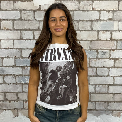 Nirvana print slash neck tank top made from an upcycled graphic band tshirt, punk rock style street wear, athleisure wear, unwantees is a sustainable fashion brand, we take unwanted Y2K graphic tshirts otherwise destined for landfill and recycle clothing into vest tops for sports wear or leisure.  Refashioned band merch, Sleeveless Top