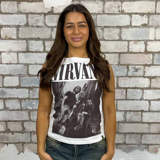 Nirvana print slash neck tank top made from an upcycled graphic band tshirt, punk rock style street wear, athleisure wear, unwantees is a sustainable fashion brand, we take unwanted Y2K graphic tshirts otherwise destined for landfill and recycle clothing into vest tops for sports wear or leisure.  Refashioned band merch, Sleeveless Top