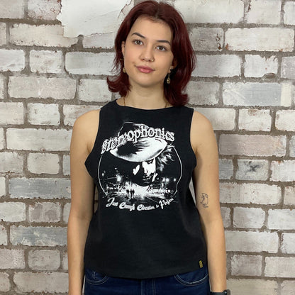 Stereophonics Just Enough Education Album graphic print on black Tshirt Upcycled by Unwantees, Black jersey fabric, Festival Style Unwantee made from upcycled and deconstructed graphic tshirt, athleisure wear, unwantees is a sustainable fashion brand, we take unwanted graphic tshirts otherwise destined for landfill and recycle clothing into vest tops for sports wear or leisure.  Refashioned band merch, Slash Neck Sleeveless Top