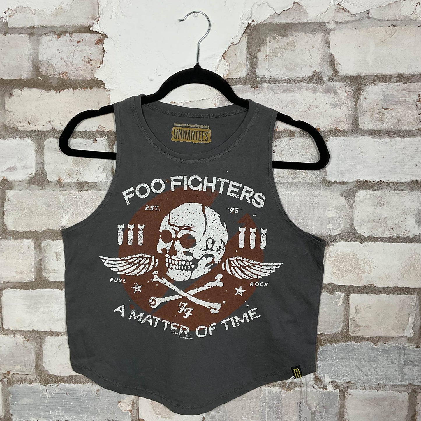 Foo Fighters Matter of Time Band merch graphics on grey cotton Racerback Tank Top upcycled by Unwantees, sustainable fashion made in Great Britain from vintage graphic tshirt 