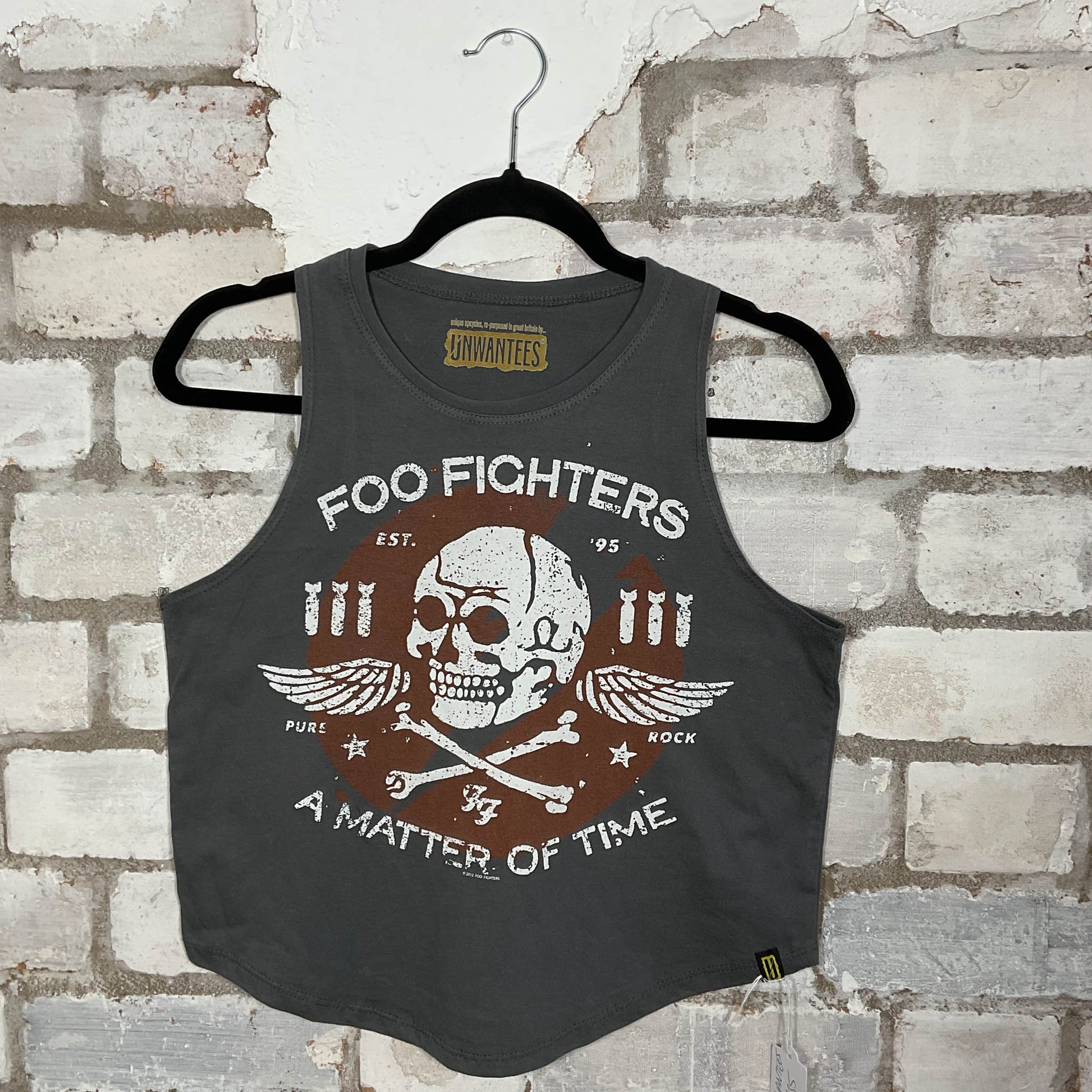 Foo Fighters Matter of Time Band merch graphics on grey cotton Racerback Tank Top upcycled by Unwantees, sustainable fashion made in Great Britain from vintage graphic tshirt 