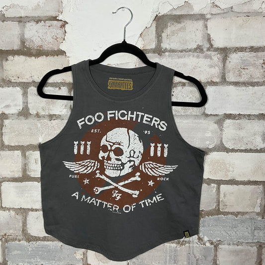 Foo Fighters Matter of Time Band merch graphics on grey cotton Racerback Tank Top upcycled by Unwantees, sustainable fashion made in Great Britain from vintage graphic tshirt 