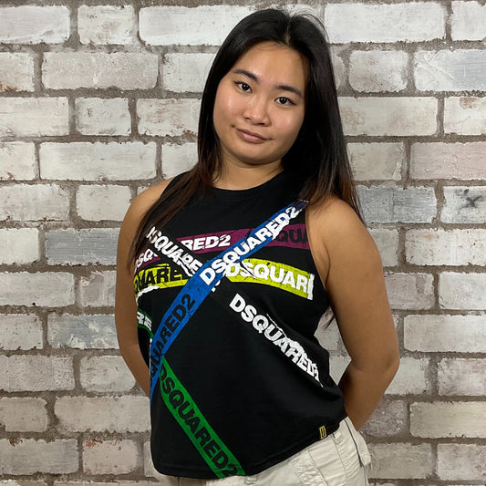 DSquared2 graphic print on black Tshirt Upcycled by Unwantees, Black jersey fabric, Festival Style Unwantee made from upcycled and deconstructed graphic tshirt, athleisure wear, unwantees is a sustainable fashion brand, we take unwanted graphic tshirts otherwise destined for landfill and recycle clothing into vest tops for sports wear or leisure.  Refashioned band merch, Slash Neck Sleeveless Top