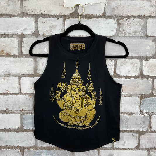 Ganesha Elephant Hindu God Racerback Unwantee Tank Top upcycled by Unwantees, sustainable fashion made in great Britain from vintage graphic tshirt 