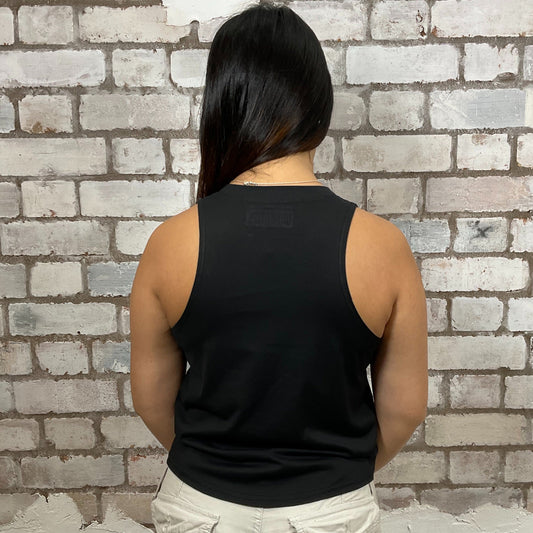 DSquared2 ribbon graphic print on black Tshirt Upcycled by Unwantees, Black jersey fabric, Festival Style Unwantee made from upcycled and deconstructed graphic tshirt, athleisure wear, unwantees is a sustainable fashion brand, we take unwanted graphic tshirts otherwise destined for landfill and recycle clothing into vest tops for sports wear or leisure.  Refashioned band merch, Slash Neck Sleeveless Top