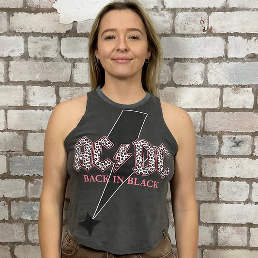 ACDC Leopard graphic print Logo on grey Tshirt Upcycled by Unwantees, Black jersey fabric, Festival Style Unwantee made from upcycled and deconstructed graphic tshirt, athleisure wear, unwantees is a sustainable fashion brand, we take unwanted graphic tshirts otherwise destined for landfill and recycle clothing into vest tops for sports wear or leisure.  Refashioned band merch, Slash Neck Sleeveless Top