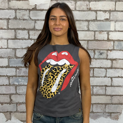 Rolling Stones leopard print slash neck tank top made from an upcycled graphic band tshirt, punk rock style street wear, athleisure wear, unwantees is a sustainable fashion brand, we take unwanted Y2K graphic tshirts otherwise destined for landfill and recycle clothing into vest tops for sports wear or leisure.  Refashioned band merch, Sleeveless Top