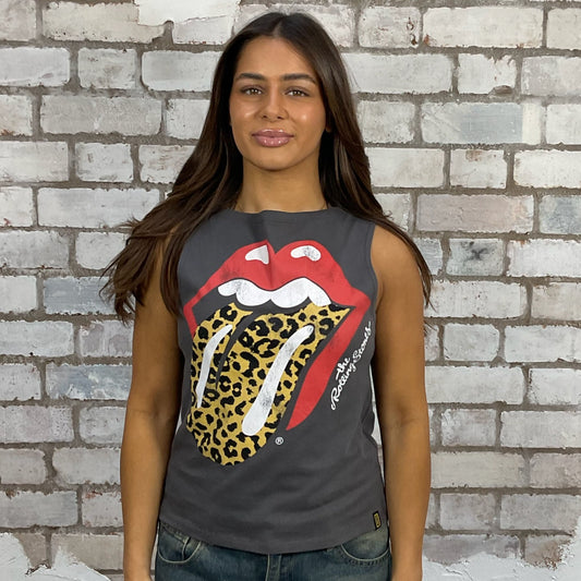 Rolling Stones leopard print slash neck tank top made from an upcycled graphic band tshirt, punk rock style street wear, athleisure wear, unwantees is a sustainable fashion brand, we take unwanted Y2K graphic tshirts otherwise destined for landfill and recycle clothing into vest tops for sports wear or leisure.  Refashioned band merch, Sleeveless Top