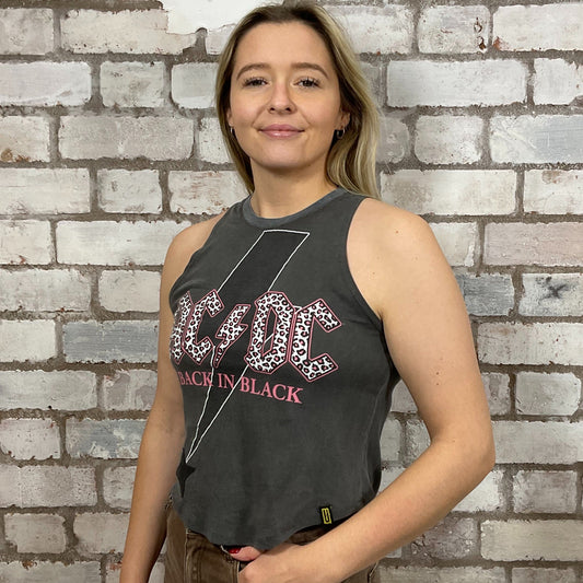 AC/DC Leopard graphic print Logo on grey Tshirt Upcycled by Unwantees, Black jersey fabric, Festival Style Unwantee made from upcycled and deconstructed graphic tshirt, athleisure wear, unwantees is a sustainable fashion brand, we take unwanted graphic tshirts otherwise destined for landfill and recycle clothing into vest tops for sports wear or leisure.  Refashioned band merch, Slash Neck Sleeveless Top