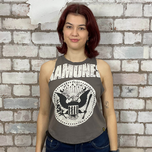 Ramones Hey Ho printed graphic in white print on grey Tshirt Upcycled by Unwantees, Black jersey fabric, Festival Style Unwantee made from upcycled and deconstructed graphic tshirt, athleisure wear, unwantees is a sustainable fashion brand, we take unwanted graphic tshirts otherwise destined for landfill and recycle clothing into vest tops for sports wear or leisure.  Refashioned band merch, Slash Neck Sleeveless Top