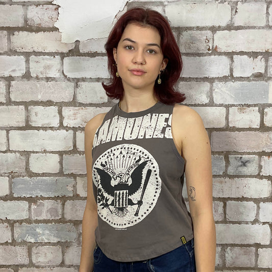 Ramones Hey Ho Lets Go printed graphic in white print on grey Tshirt Upcycled by Unwantees, Black jersey fabric, Festival Style Unwantee made from upcycled and deconstructed graphic tshirt, athleisure wear, unwantees is a sustainable fashion brand, we take unwanted graphic tshirts otherwise destined for landfill and recycle clothing into vest tops for sports wear or leisure.  Refashioned band merch, Slash Neck Sleeveless Top