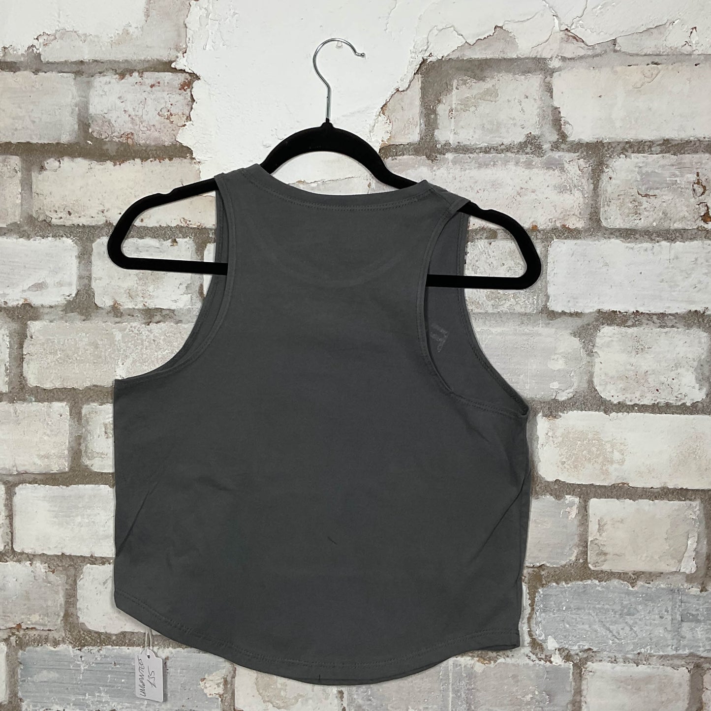 Rear View of Foo Fighters Matter of Time Band merch graphics on grey cotton Racerback Tank Top upcycled by Unwantees, sustainable fashion made in Great Britain from vintage graphic tshirt 