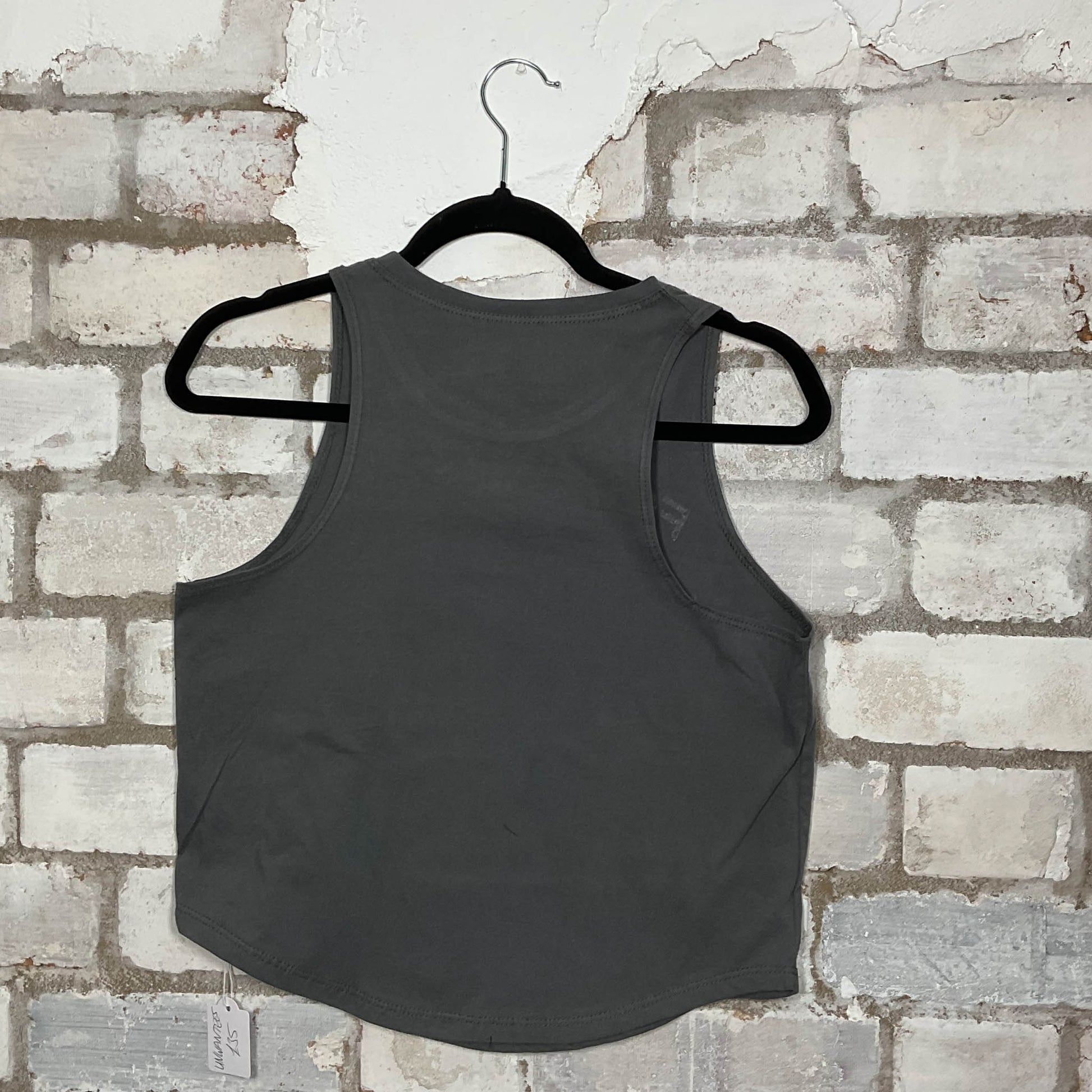 Rear View of Foo Fighters Matter of Time Band merch graphics on grey cotton Racerback Tank Top upcycled by Unwantees, sustainable fashion made in Great Britain from vintage graphic tshirt 