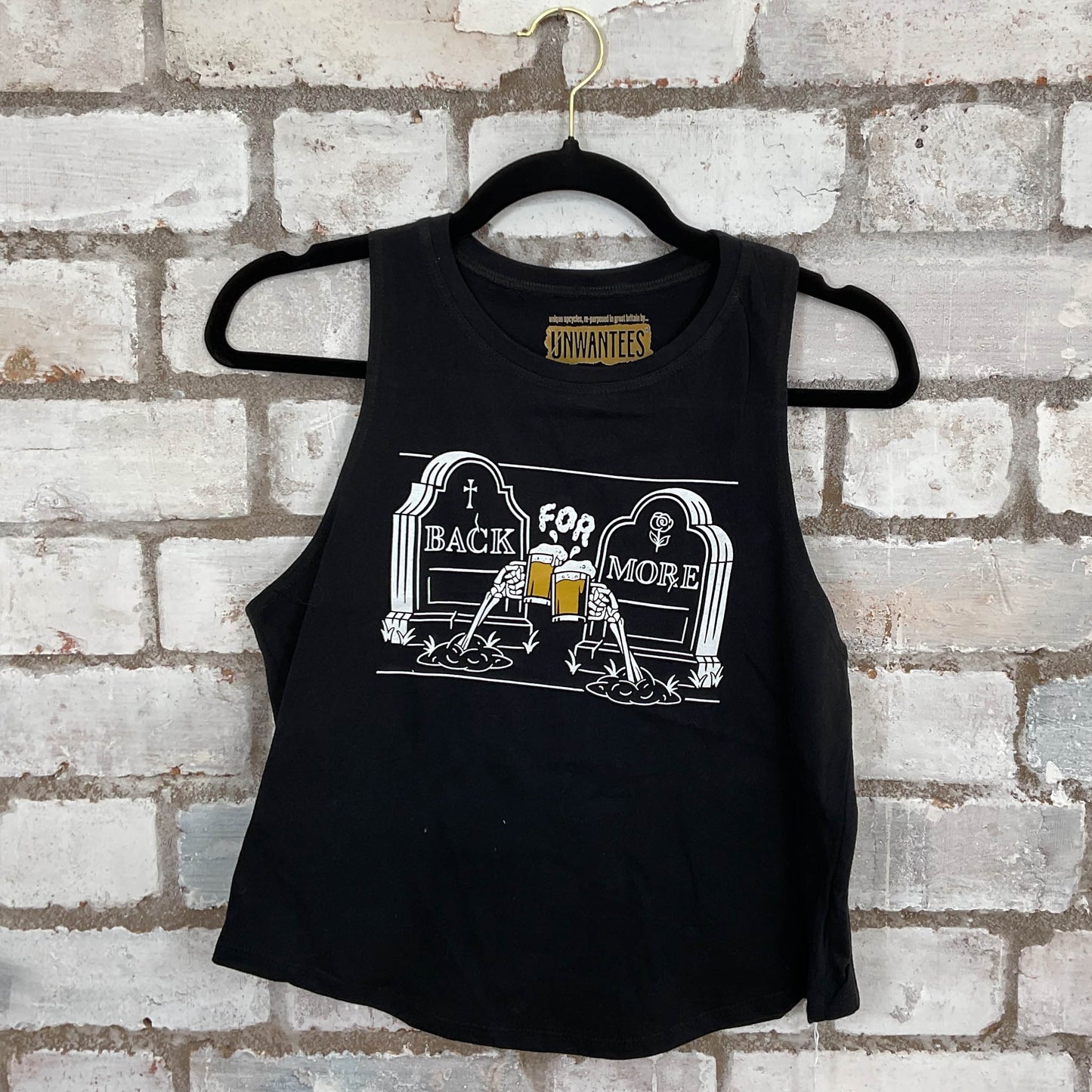 Back for More Beer Racerback Unwantee Tank Top upcycled by Unwantees, sustainable fashion made in great Britain from vintage graphic tshirt 