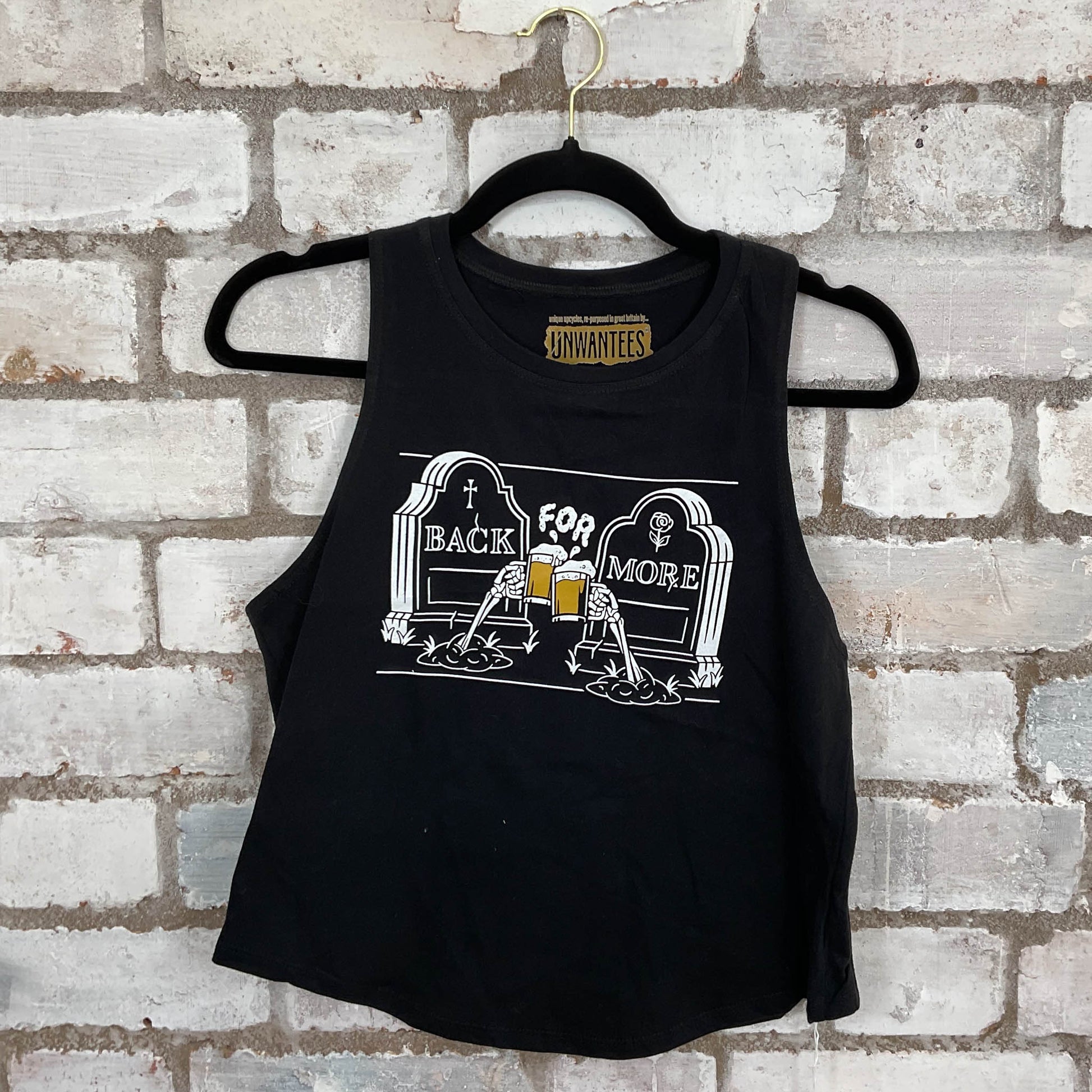 Back for More Beer Racerback Unwantee Tank Top upcycled by Unwantees, sustainable fashion made in great Britain from vintage graphic tshirt 