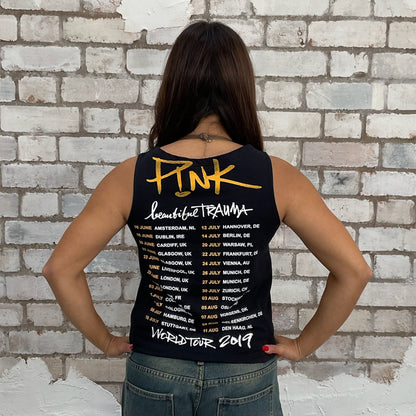 Black Slash Neck P!nk World Tour 2019 Slash Neck tank top made from an upcycled graphic Pink tshirt, punk rock style street wear, athleisure wear, unwantees is a sustainable fashion brand, we take unwanted Y2K graphic tshirts otherwise destined for landfill and recycle clothing into vest tops for sports wear or leisure.  Refashioned band merch, Sleeveless Top