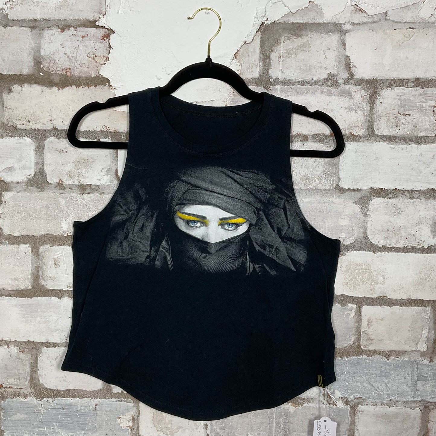 Boy George Double Sided merch graphics on black cotton Racerback Tank Top upcycled by Unwantees, sustainable fashion made in Great Britain from vintage graphic tshirt 