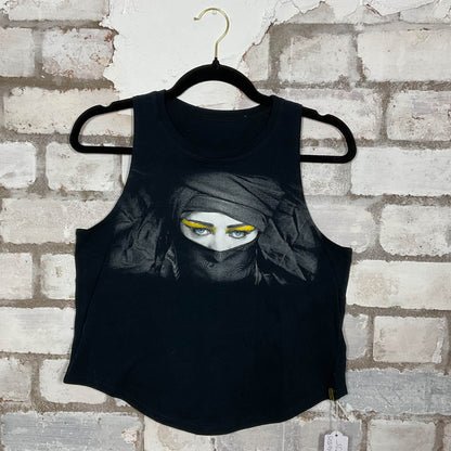 Boy George Double Sided merch graphics on black cotton Racerback Tank Top upcycled by Unwantees, sustainable fashion made in Great Britain from vintage graphic tshirt 