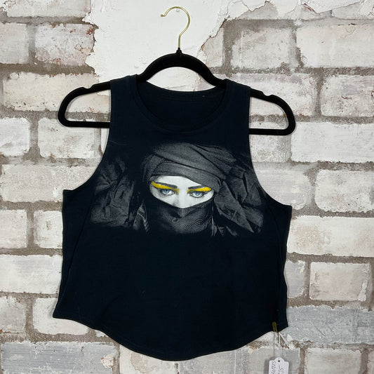 Boy George Double Sided merch graphics on black cotton Racerback Tank Top upcycled by Unwantees, sustainable fashion made in Great Britain from vintage graphic tshirt 