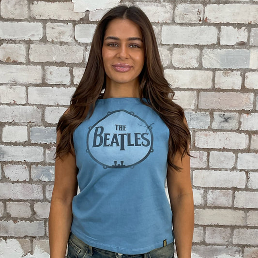 The Beatles Blue tank top made from an upcycled graphic band tshirt, punk rock style street wear, athleisure wear, unwantees is a sustainable fashion brand, we take unwanted Y2K graphic tshirts otherwise destined for landfill and recycle clothing into vest tops for sports wear or leisure.  Refashioned band merch, Sleeveless Slash Neck Top