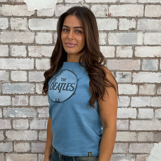 Beatles Blue tank top made from an upcycled graphic band tshirt, punk rock style street wear, athleisure wear, unwantees is a sustainable fashion brand, we take unwanted Y2K graphic tshirts otherwise destined for landfill and recycle clothing into vest tops for sports wear or leisure.  Refashioned band merch, Sleeveless Slash Neck Top