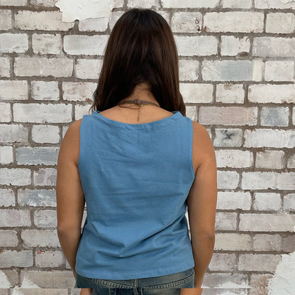 Blue Beatles tank top made from an upcycled graphic band tshirt, punk rock style street wear, athleisure wear, unwantees is a sustainable fashion brand, we take unwanted Y2K graphic tshirts otherwise destined for landfill and recycle clothing into vest tops for sports wear or leisure.  Refashioned band merch, Sleeveless Slash Neck Top