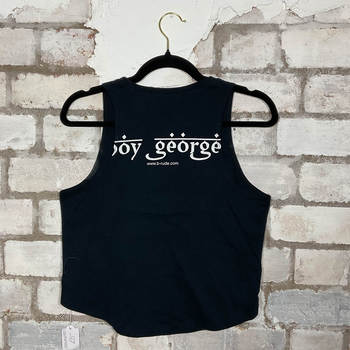 Back View of Boy George Double Sided merch graphics on black cotton Racerback Tank Top upcycled by Unwantees, sustainable fashion made in Great Britain from vintage graphic tshirt 