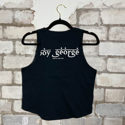 Back View of Boy George Double Sided merch graphics on black cotton Racerback Tank Top upcycled by Unwantees, sustainable fashion made in Great Britain from vintage graphic tshirt 