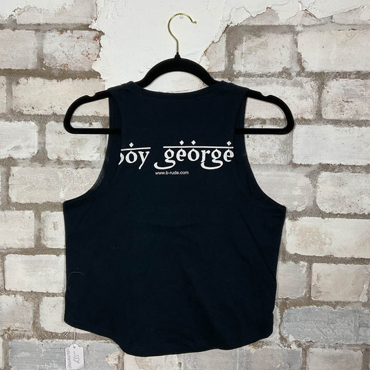Back View of Boy George Double Sided merch graphics on black cotton Racerback Tank Top upcycled by Unwantees, sustainable fashion made in Great Britain from vintage graphic tshirt 
