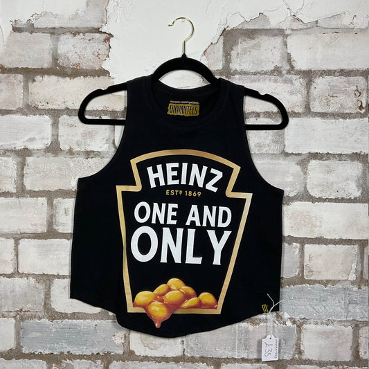 Heinz Baked Beans, the one and only, for the love of baked beans, Black Racerback Vest Top upcycled by Unwantees, sustainable fashion made in great Britain from vintage graphic tshirt 