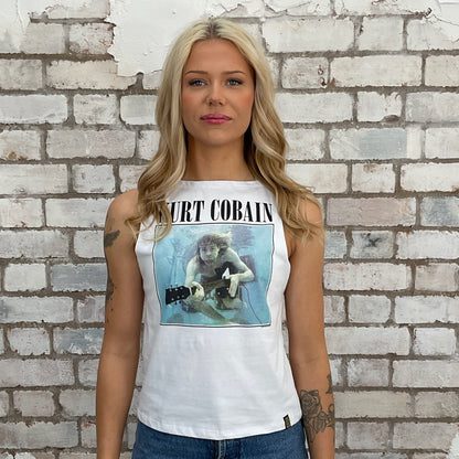 Kurt Cobain underwater Guitar photograph tank top made from an upcycled graphic band tshirt, punk rock style street wear, athleisure wear, unwantees is a sustainable fashion brand, we take unwanted Y2K graphic tshirts otherwise destined for landfill and recycle clothing into vest tops for sports wear or leisure.  Refashioned band merch, Sleeveless Slash neckTop